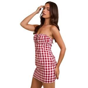 LE LIS Collection Game Day Crimson Maroon Gingham Strapless Mini Dress NWT Large